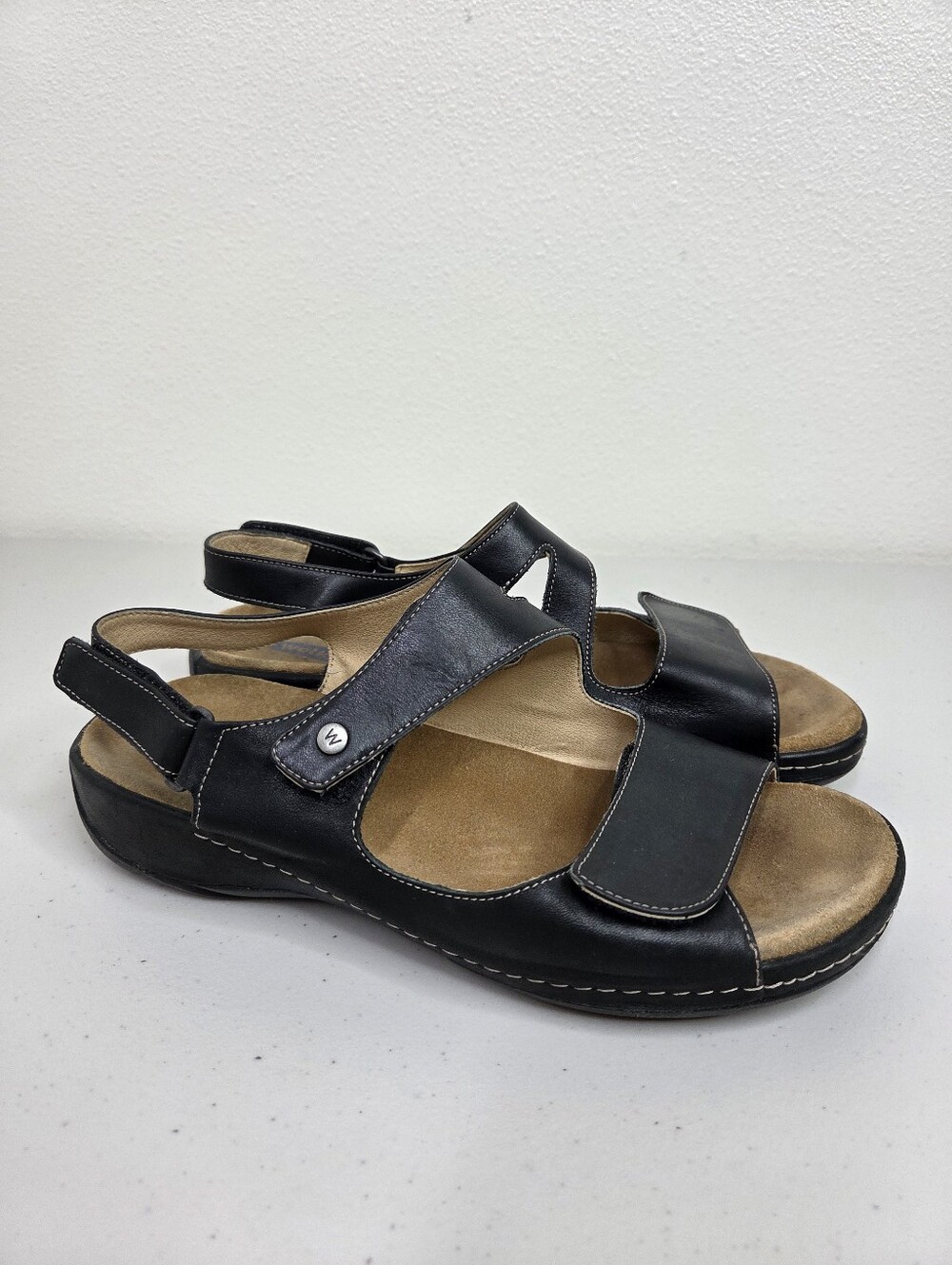 Wolky Liana Adjustable Sandal With Fixed Footbed Black Leather Velcro Straps